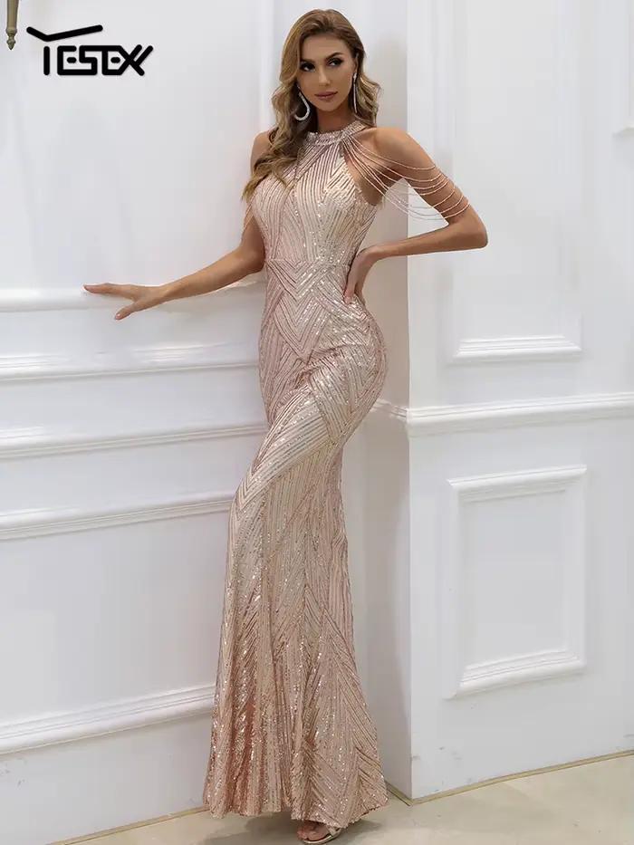 Yesexy-Robe longue perlée à sequins pour femmes, robe de soirée élégante, licou sexy, maxi, robes de