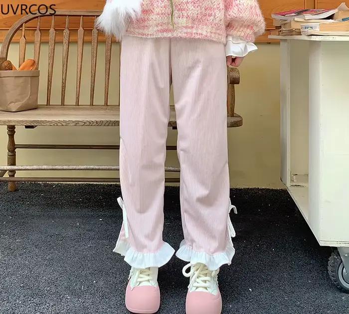 Pantalon en velours côtelé à nœud rose pour femme, style Sweet Lolita, volants Kawaii, bandage latér