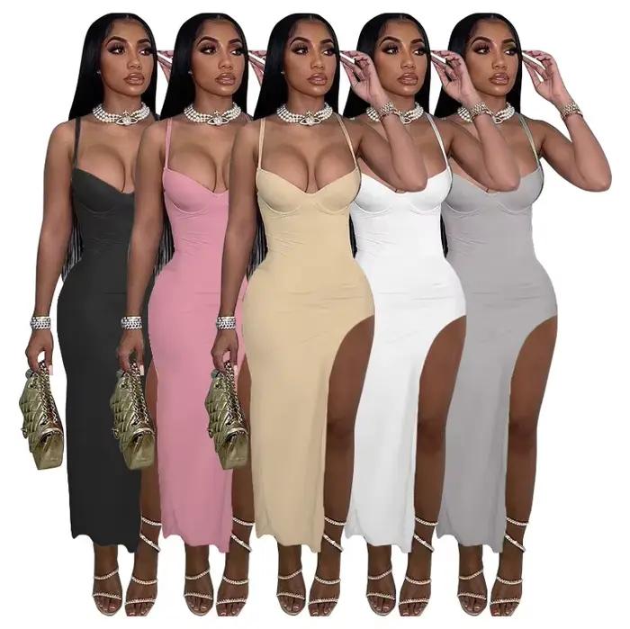 Robe de Soirée Sexy à Bretelles Spaghetti pour Femme, Tenue Élégante à Fente Haute, Dos aux, Slim, T