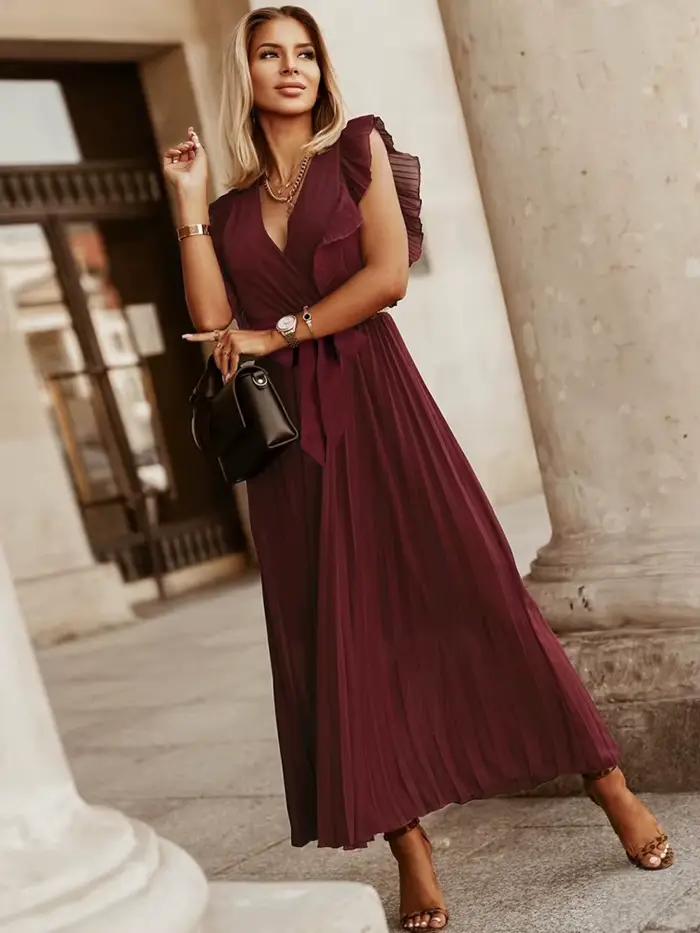 Mode élégante femmes robe sans manches col en V longue robe d'été Sexy pli robe de soirée femme en m