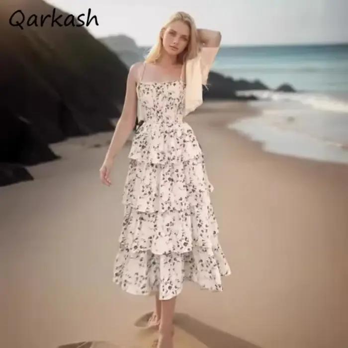 Robes mi-longues sans manches pour femmes, imprimé Floral, conçu français élégant, douce fille féeri