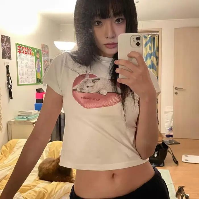 Karr233-T-shirt à manches courtes avec lapin imprimé, streetwear doux, à la mode coréenne, kpop kawa