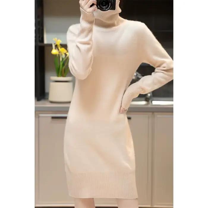 Robe pull en cachemire pour femme, tenue élégante en laine mérinos, col roulé, tricotée, décontracté
