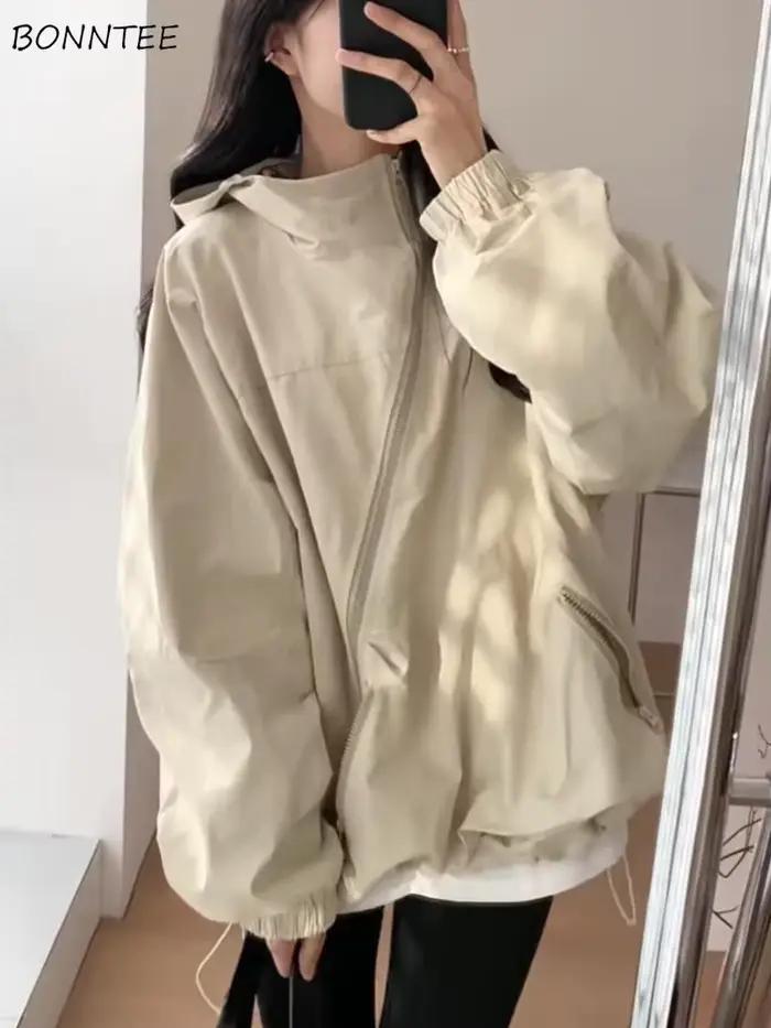 Vestes monochromes à capuche pour femmes, fermeture éclair simple, poches de loisirs, style japonais