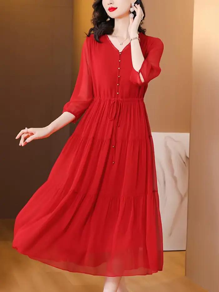 Robe mi-longue en soie rouge, Vintage, ample, élégante, moulante, robe de soirée, à bandes, décontra