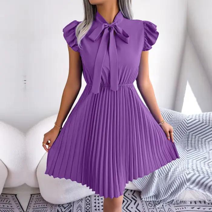 Ficusrong femmes printemps été élégant à lacets taille haute grande robe plissée pour dames col à nœ