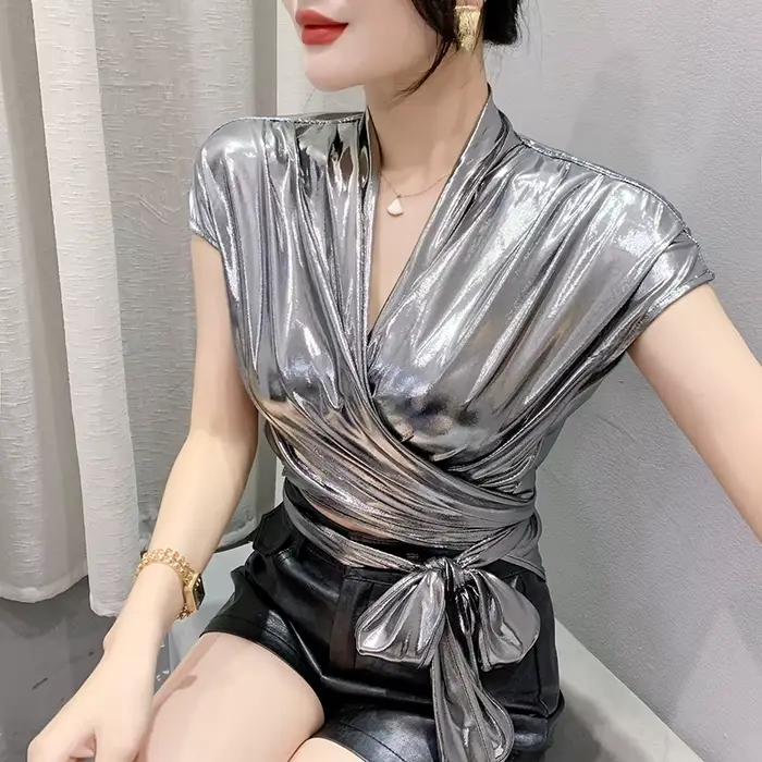 T-shirt d'été à col en V croisé pour filles, tissu réfléchissant, manches courtes, ourlet lacé, à la