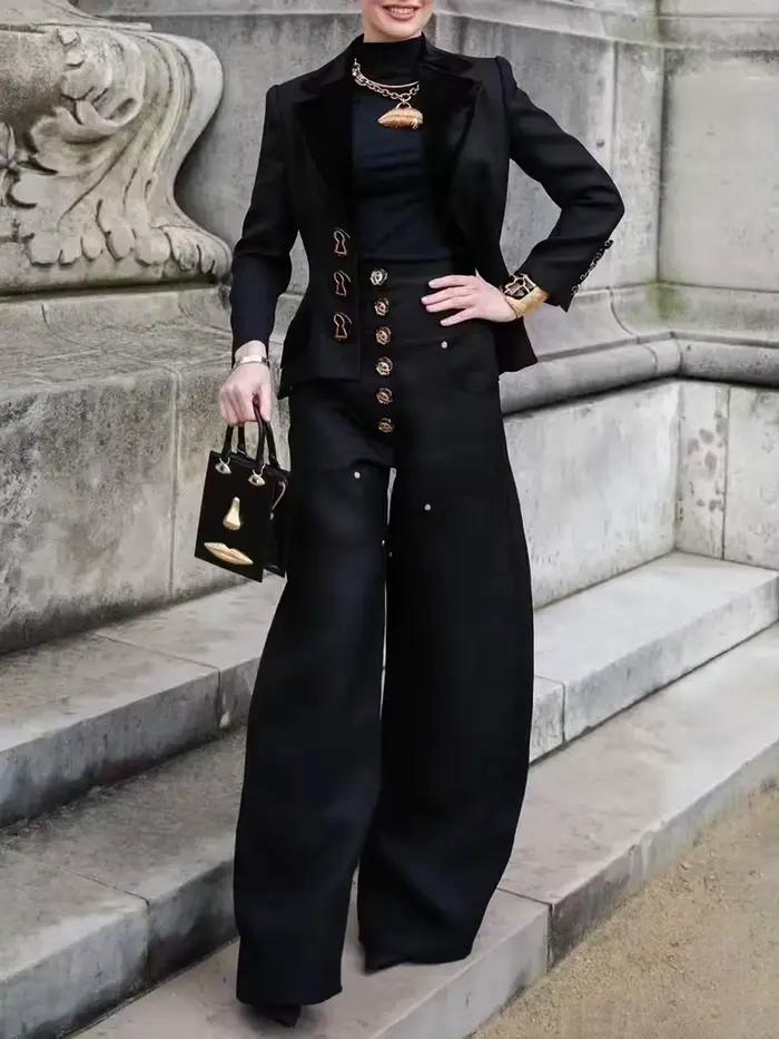 TWOTWINSTYLE – ensemble deux pièces à boutons épissés pour femmes, haut à manches longues, taille ha