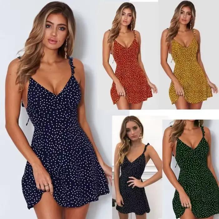 Robe camisole sexy à lacets pour femmes, mini robe d'été à pois, bretelles fines, robe d'été décontr