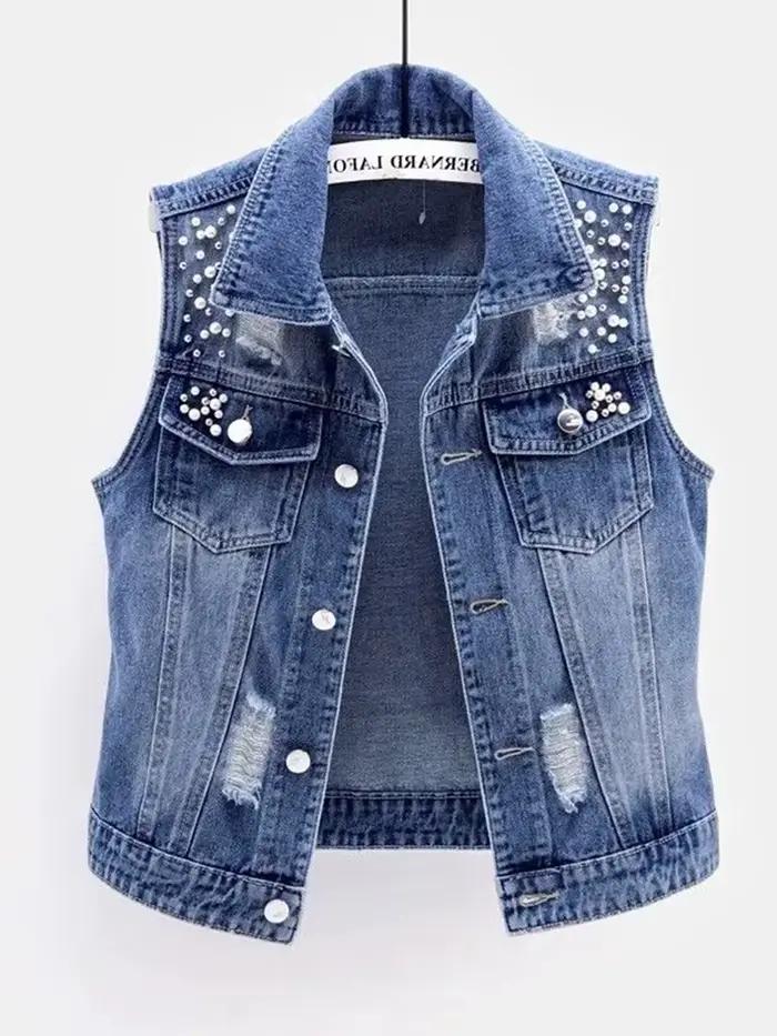 JMPRS Denim femmes gilet de luxe perles mode déchiré automne jean veste sans manches ample court man