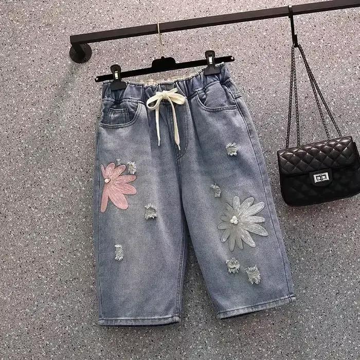 Short en denim brodé pour femmes, grande taille 4XL, été, midi, droit, vintage, décontracté, court, 