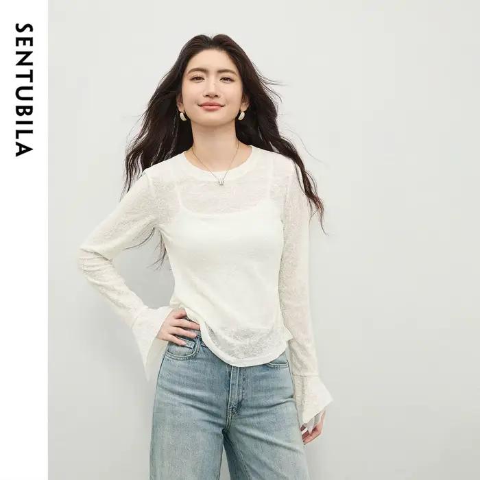 T-shirt en dentelle SENTUBILA pour femme, collection Printemps 2026, col rond, manches évasées, tran