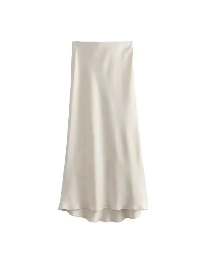 Jupe mi-longue semblable à de soie pour femmes, doux au toucher, taille haute, ceinture élastique, C