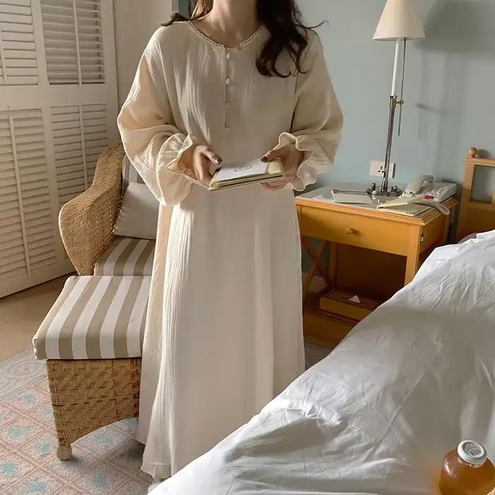 Robe 100% coton pour femmes, imprimé cerise, manches longues, boutonnée, Maxi, coréenne, confortable