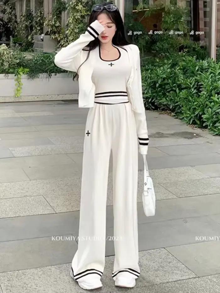 Streetwear tricoté ensemble 3 pièces pour femmes, Cardigan à manches longues manteau + Camisole + pa