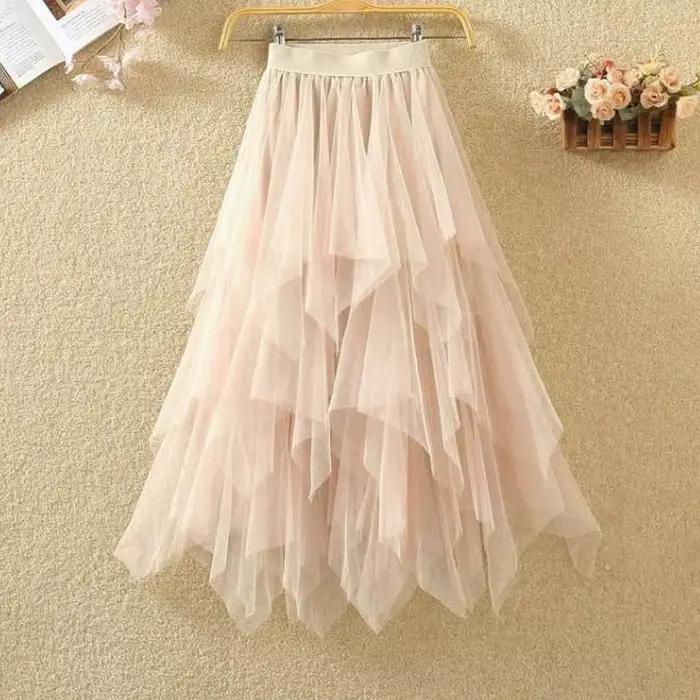 Jupes mi-longues taille haute pour femmes, jupes en tulle monochromes, maille blanche élégante et ch