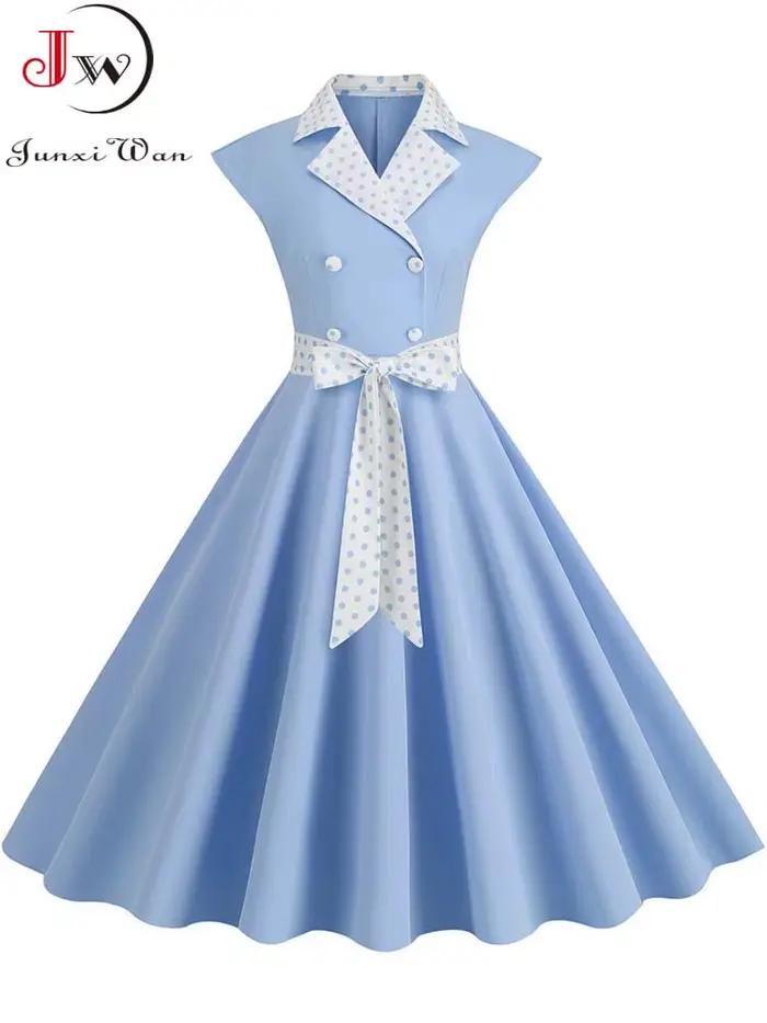 Col cranté Vintage solide robes de soirée femmes été sans manches ceinturé Midi balançoire robe d'ét
