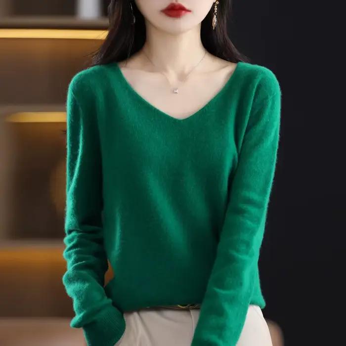 Pull en cachemire à col en V pour femme, 100% laine mérinos, pull basique, manches longues, tricots 