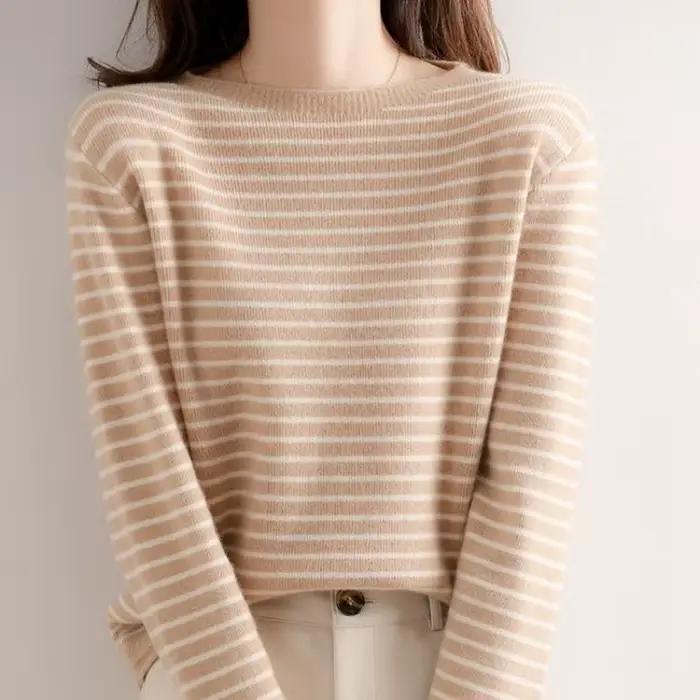 Pull décontracté à manches longues pour femmes, pulls rayés à col rond, pull basique, tricots chauds