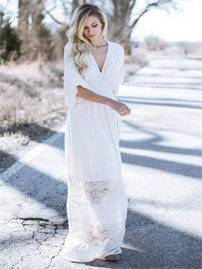 Robe longue d'été en coton blanc pour femmes, style bohème, sexy, décolleté en V profond, demi-manch