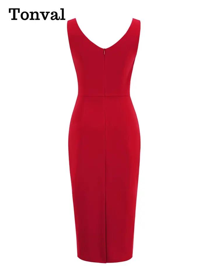 Tonval – robe crayon mi-longue pour femmes, col en cœur, sans manches, bureau, Vintage, rouge, coule