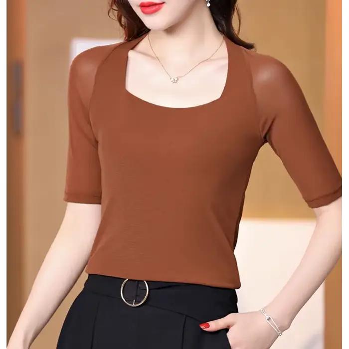 Chemise en maille à demi-manches pour femmes, chemise mince pour documents solides, mode coréenne, t