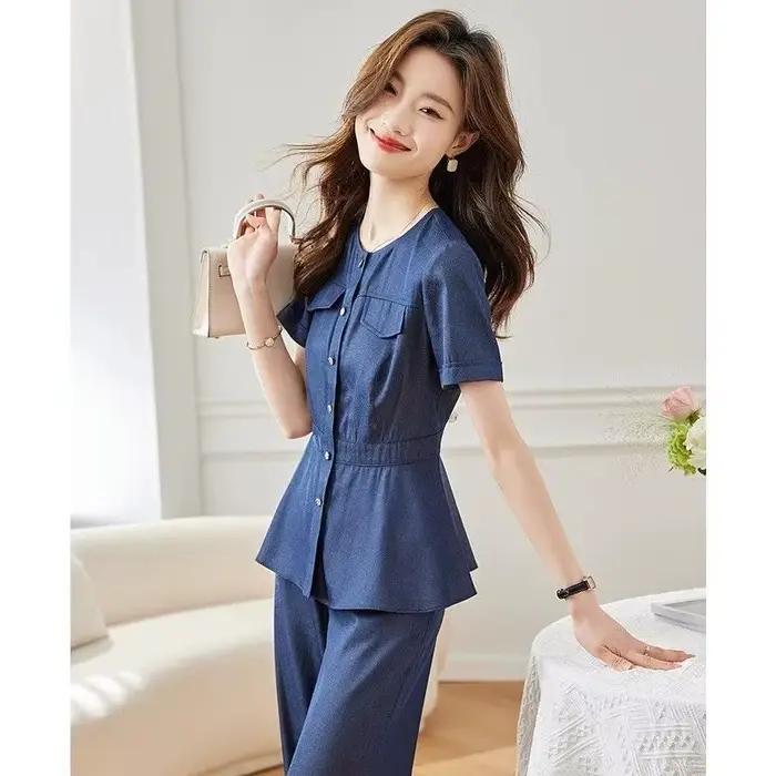 Ensemble en Jean à Manches Courtes pour Femme, Chemise en Denim et Pantalon Droit, Cardigan à la Mod