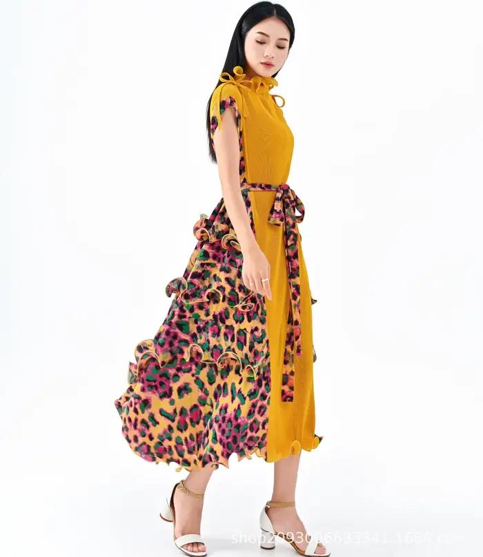 Ata Yake-Robe longue plissée à imprimé léopard pour femme, motif tendance, ceinture en fibre, décont