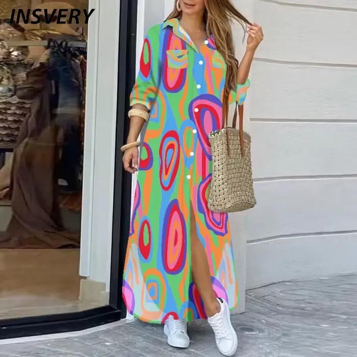 Robe chemise imprimée à col rabattu pour femmes, robes maxi élégantes, robe d'été à manches longues,