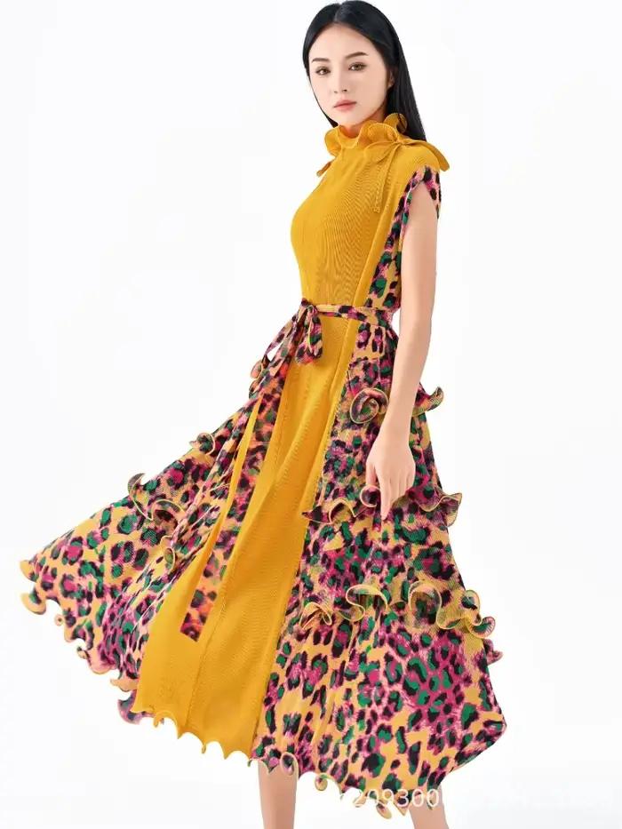 Ata Yake-Robe longue plissée à imprimé léopard pour femme, motif tendance, ceinture en fibre, décont