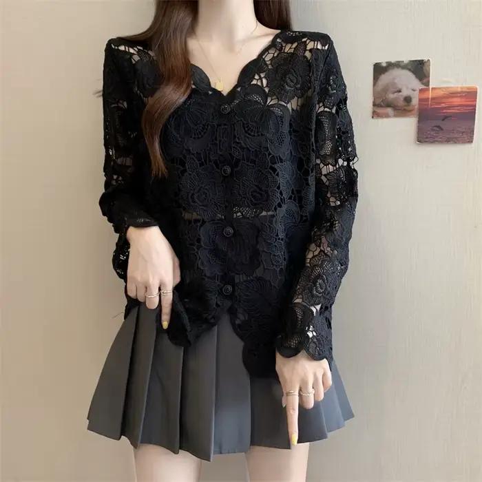 Boring Honey grande taille dentelle Crochet évider col en v chemise à manches longues femmes à la mo
