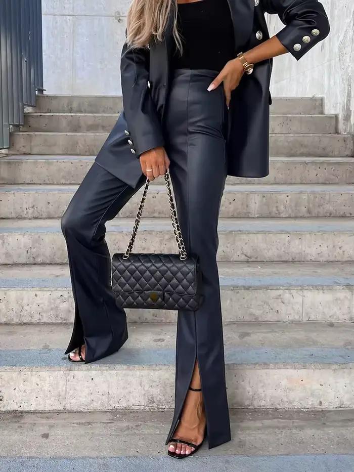 Pantalon évasé taille haute pour femme, pantalon long en PU, monochromatique, fourche ouverte, stree