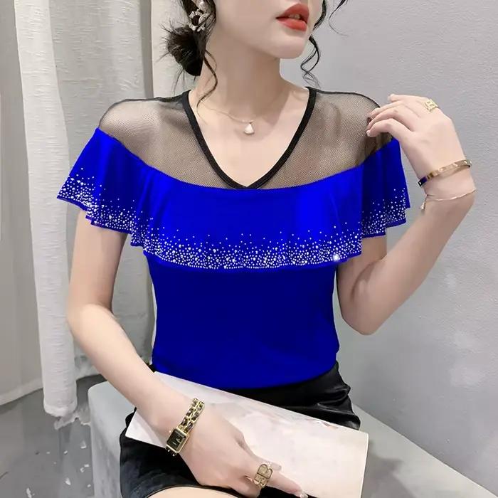 T-shirt manches courtes col en V pour femmes, photos réelles, été, volants patchs, maille, t-shirts 