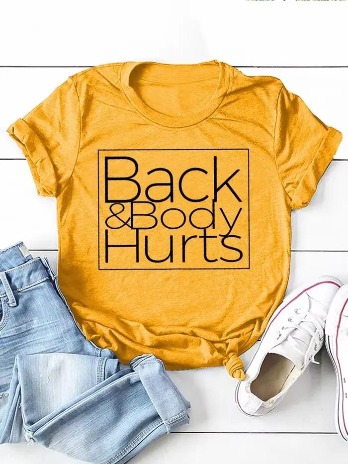 T-shirt à manches courtes et col rond pour femmes, ample, avec imprimé de lettres, dos et corps bles
