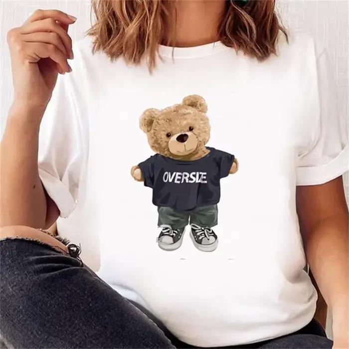 T-shirt à manches courtes pour femmes, vêtement tendance, décontracté, mignon, ours, à la mode, prin