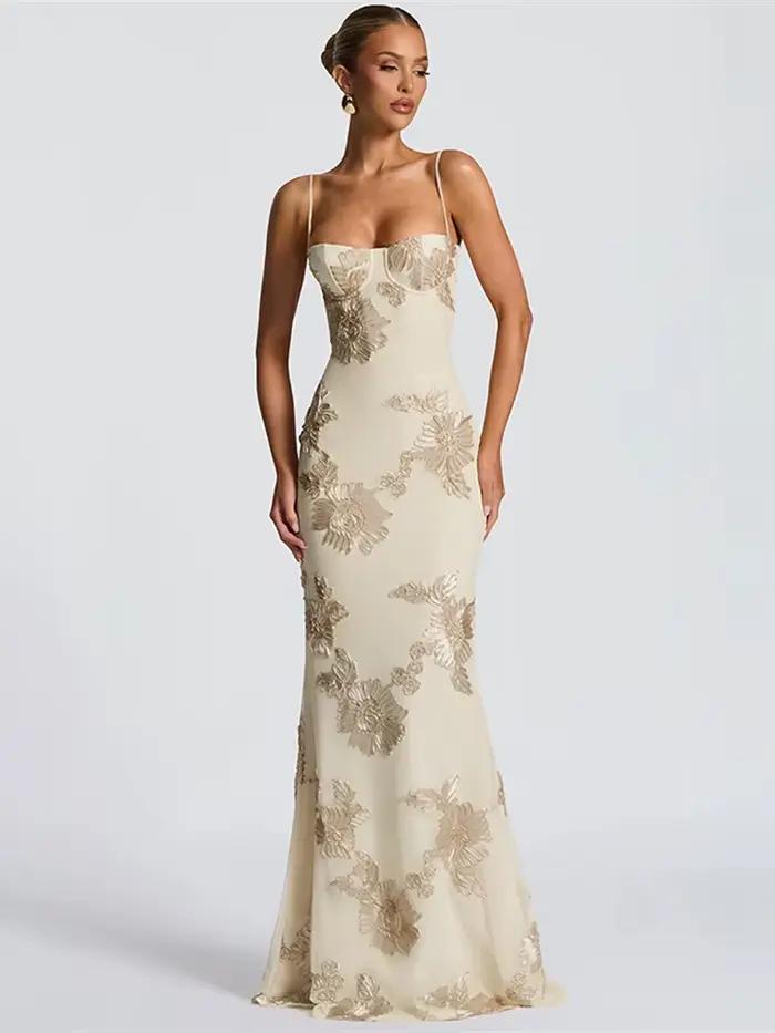 Nibber Élégant Fleur Broderie Maxi Robe Femmes Col Bas Croix Bandage Dos Nu D'été Rue Tendance Skinn