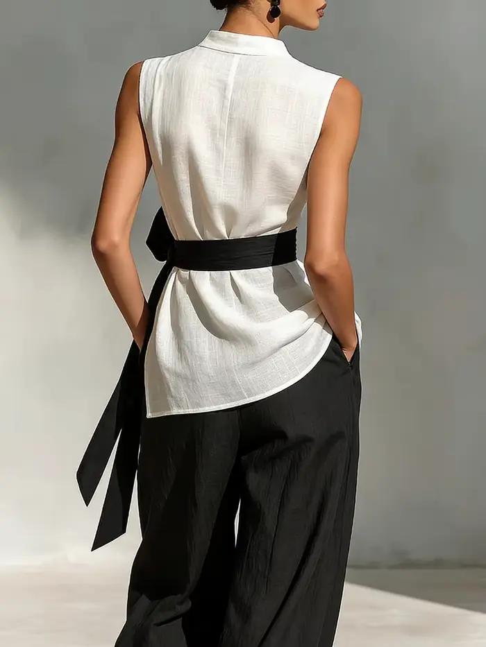 Nouvel ensemble deux pièces assorti pour femme, pull-over à col rond avec patchwork et laçage, tenue
