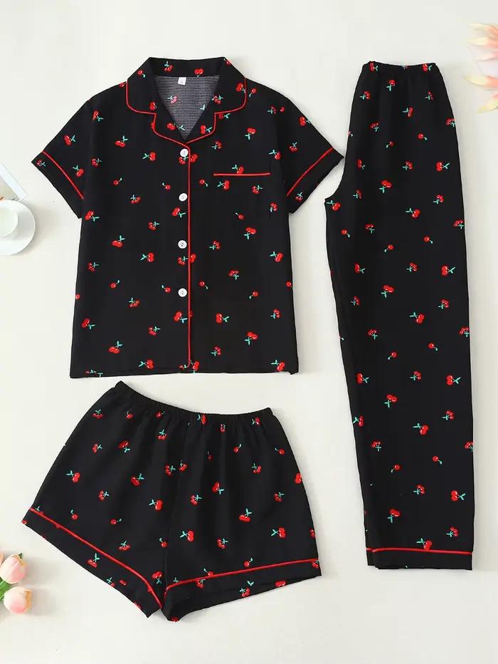 Pyjama femme, col tailleur, manches courtes, short et pantalon, ensemble 3 pièces, printemps été aut