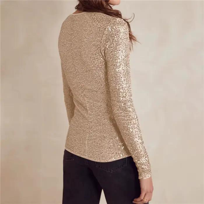 Haut court à manches longues pailletées pour femmes, col rond, paillettes brillantes, t-shirt de soi