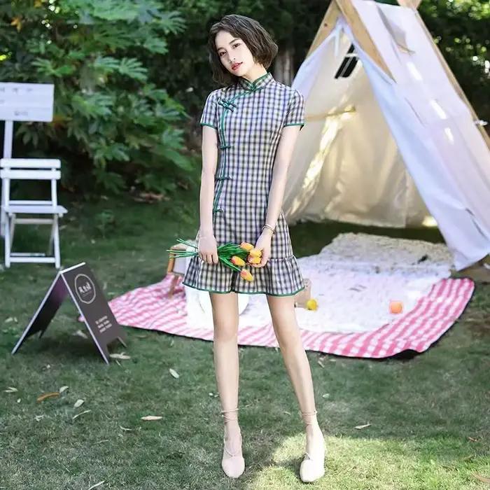 Qipao – robe à carreaux en coton pour femmes, motifs Vintage à rayures, tenue de soirée élégante, ét