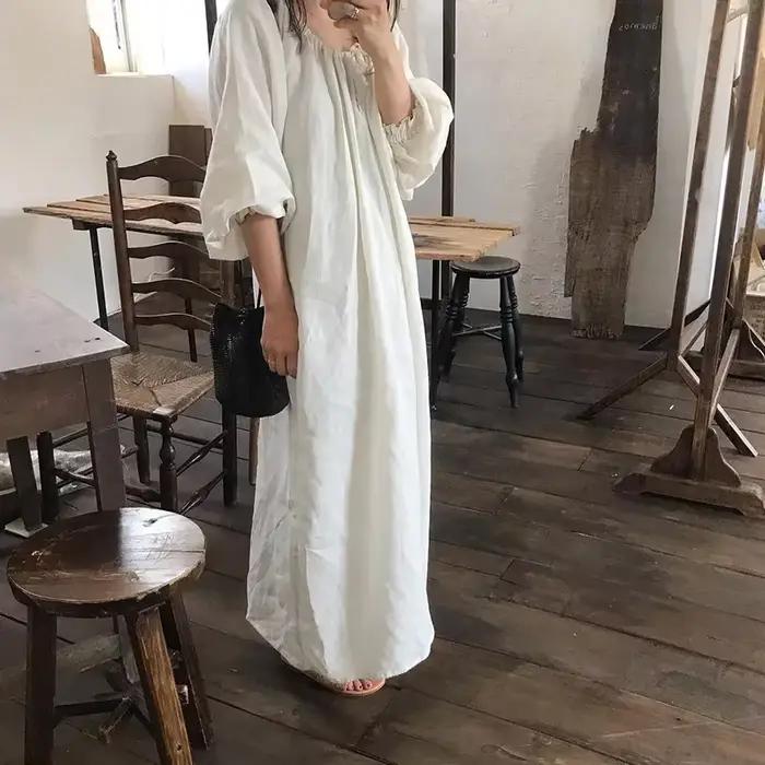 Robe élégante en coton et lin pour femmes, Maxi, décontractée, manches longues lanterne, Vintage, am