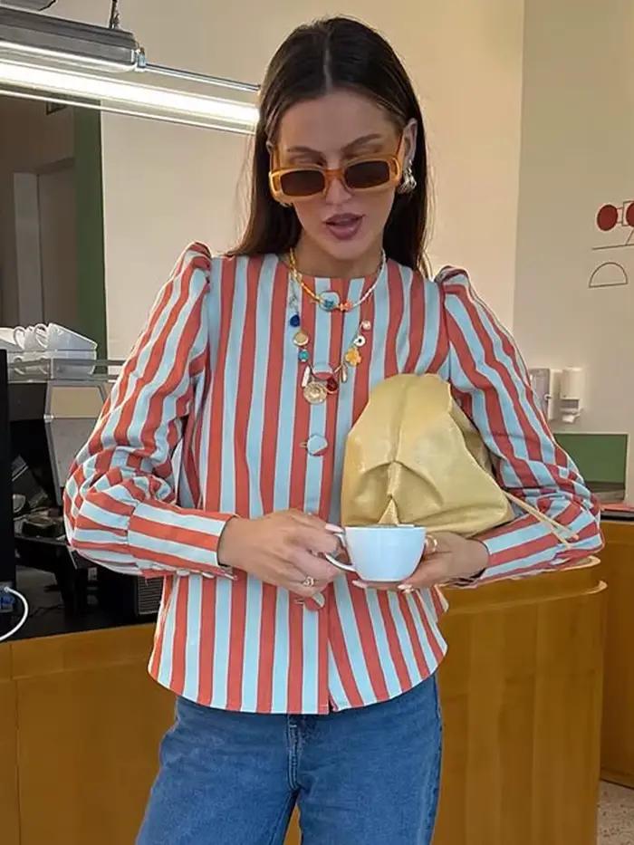 Nouvelle Blouse Chic Femme SLTNX – Chemise Ample à Rayures Imprimées, Col Rond, Manches Bouffantes, 