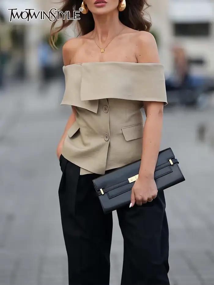 TWOTWurea YLE-Veste à Simple Boutonnage pour Femme, Patchwork Solide, Col Slash, Manches Courtes, Ma