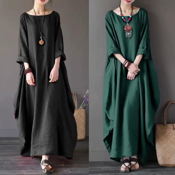 Robe longue en coton et lin pour femmes, mode coréenne, manches longues, col rond, Maxi caftan, Vint