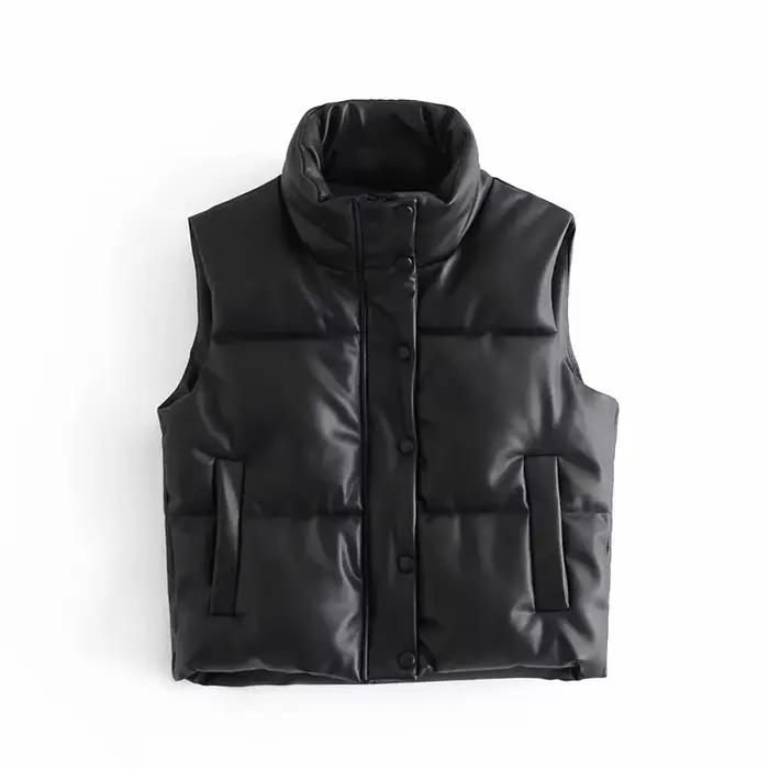 Veste en similicuir PU pour femme, gilet en duvet, PU noir, glaçure bouffante, parkas optiques, stre