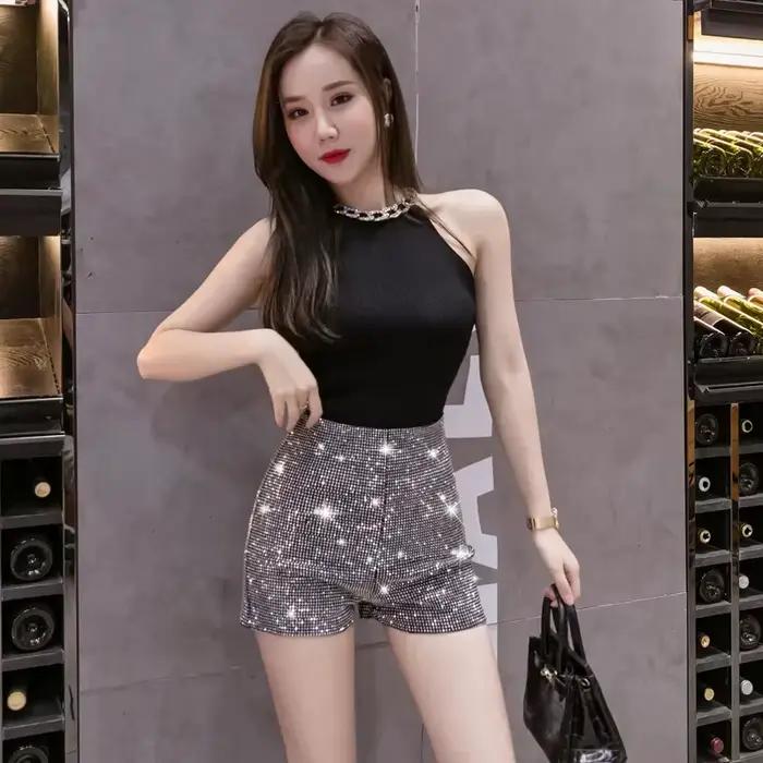 Short élastique noir taille haute pour femmes, Streetwear, plein de diamants brillants, décontracté,