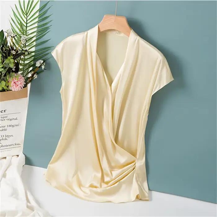 Chemisier Élégant en Satin pour Femme, Sexy, Col en V, Bureau, Chemises Décontractées, Couleur Unie,