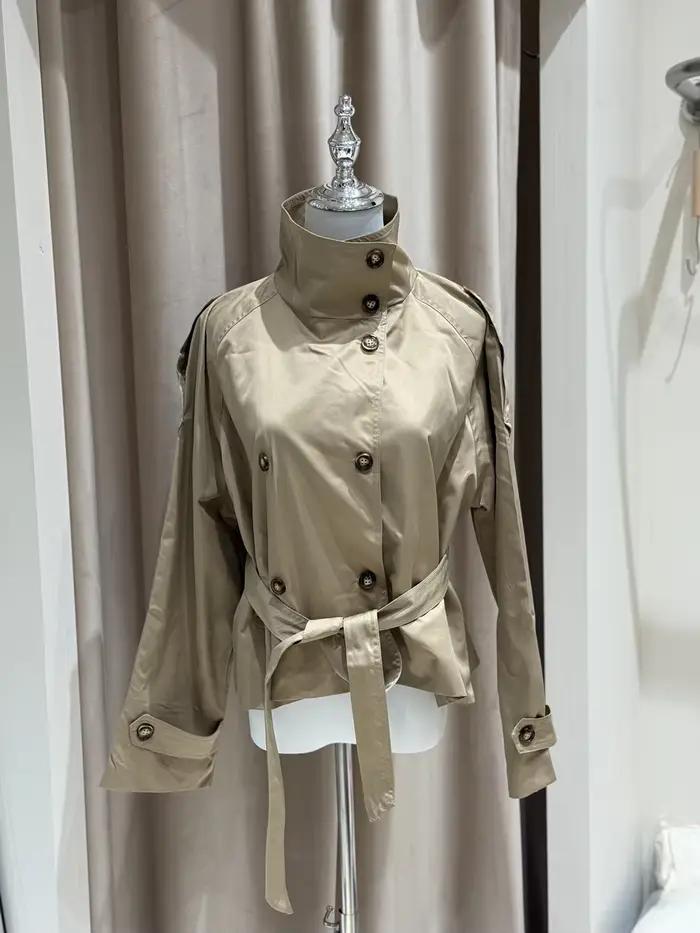 Trench court à taille ceinturée pour femme, manteaux à col montant et Double boutonnage, Chic, décon