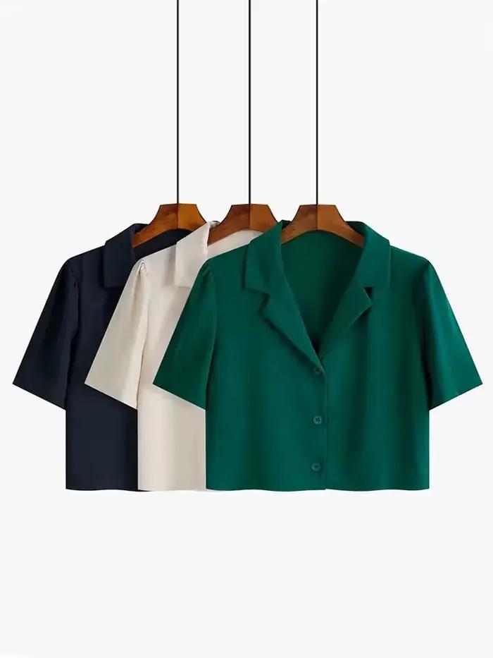 JMPRS-Chemises à col cranté pour femmes, chemises minces boutonnées à manches courtes, mode décontra