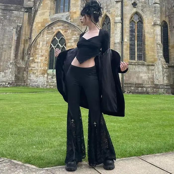 Goth – pantalon évasé en dentelle noire, Sexy, Patchwork, taille haute, Vintage, Harajuku, Hippie, P